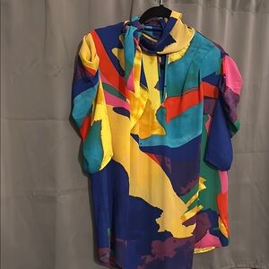 New York and Company Colorful Abstract Blouse with Scarf